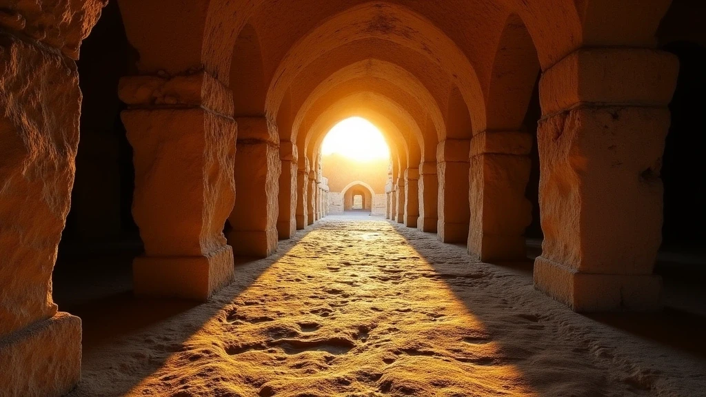 Sonnenuntergang an den Katakomben der Giordani in Italien mit goldenem Licht auf antiken Steinschnitzereien