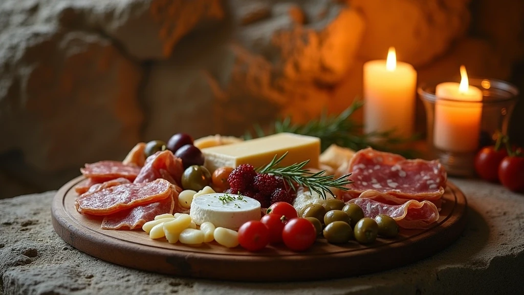Traditionelle italienische Antipasto-Platte in den Katakomben der Heiligen Agnes bei Kerzenlicht