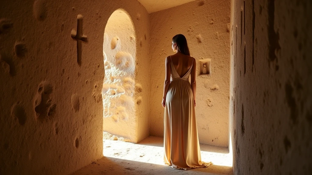 Elegante Frau in Seidenkleid betrachtet fruehchristliche Symbole in Katakomben der Heiligen Agnes Italien