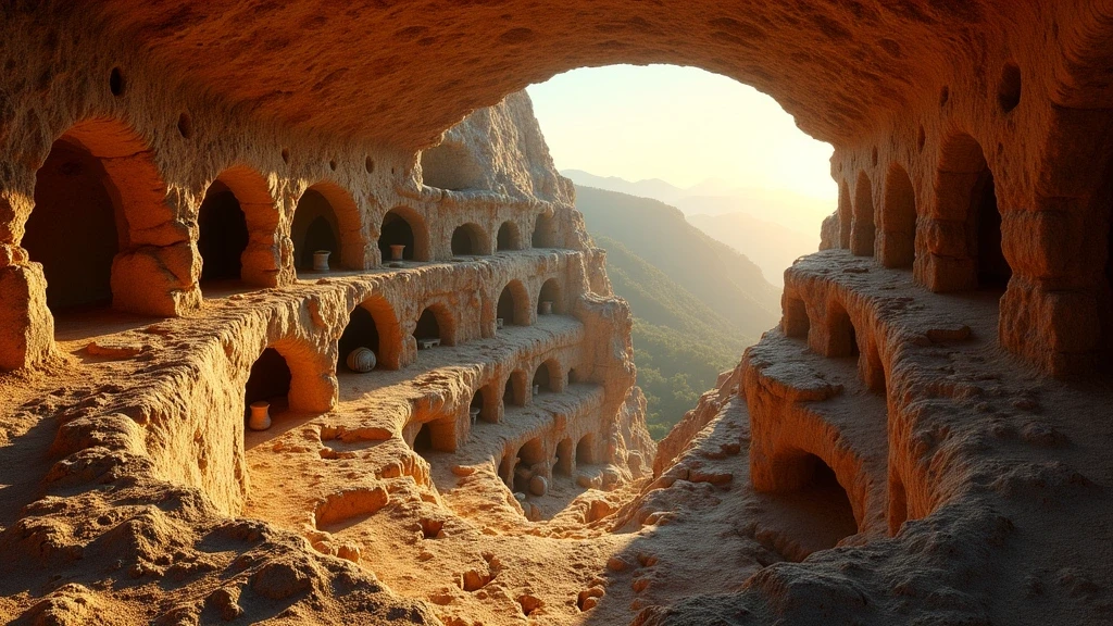 Panoramablick auf die mehrstoeckigen Grabkammern in den Katakomben der Heiligen Agnes Italien