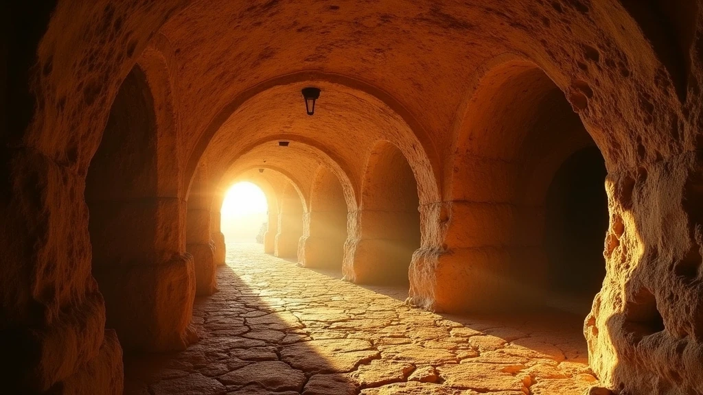 Sonnenuntergang in den Katakomben der Heiligen Agnes Italien mit goldenem Licht auf antiken Fresken