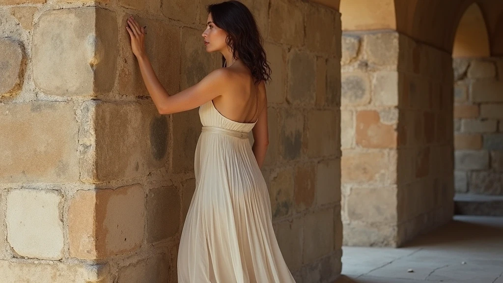 Elegante Frau in fliessendem Kleid erkundet die Katakomben von Domitilla in Italien