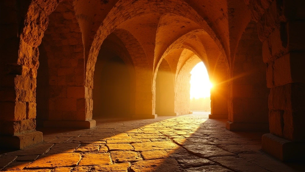Sonnenuntergang ueber den Katakomben von Domitilla in Italien mit goldenem Licht durch antike Boegen