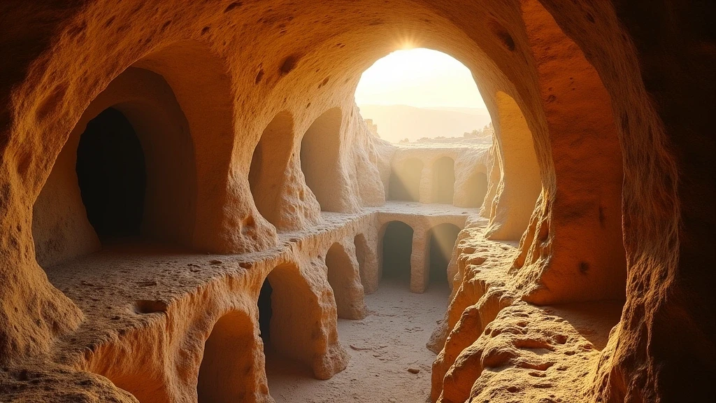 Luftaufnahme der antiken Katakomben von Generosa in Italien mit labyrinthartigen Gängen zur goldenen Stunde