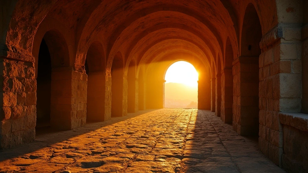 Sonnenuntergang in den Katakomben von Generosa Italien mit goldenem Licht durch antike Boegen