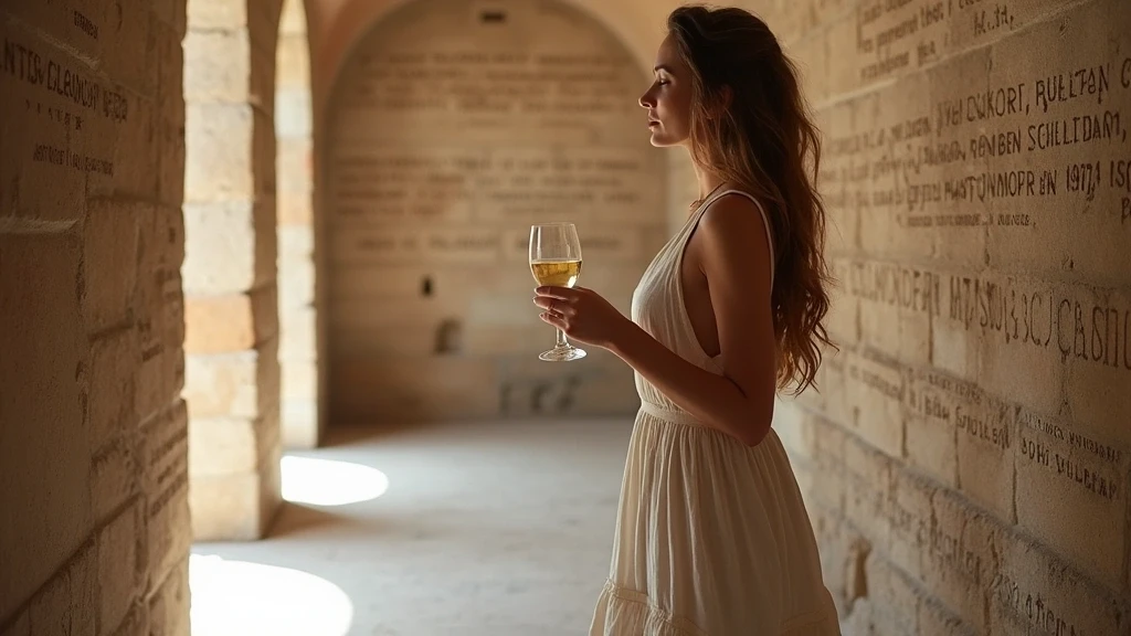 Elegante Frau mit Wein in den Katakomben von Novaziano in Italien, editorieller Stil
