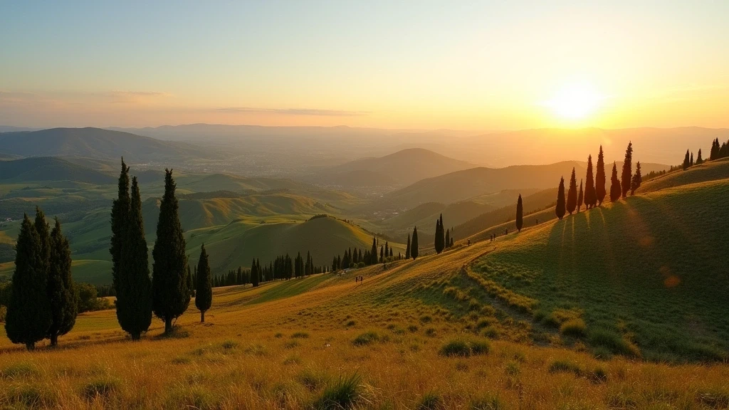 Panoramablick auf die italienische Landschaft bei den Katakomben von Novaziano zur goldenen Stunde