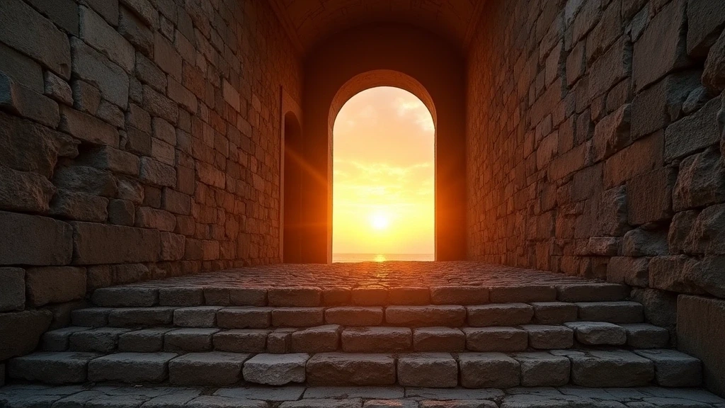 Sonnenuntergang am Eingang der Katakomben von Novaziano in Italien mit dramatischem Licht