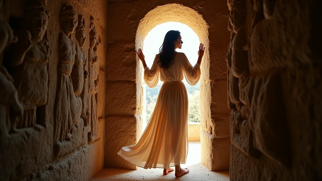 Elegante Frau in Seidenkleid erkundet die antiken Katakomben von Panfilo in Italien