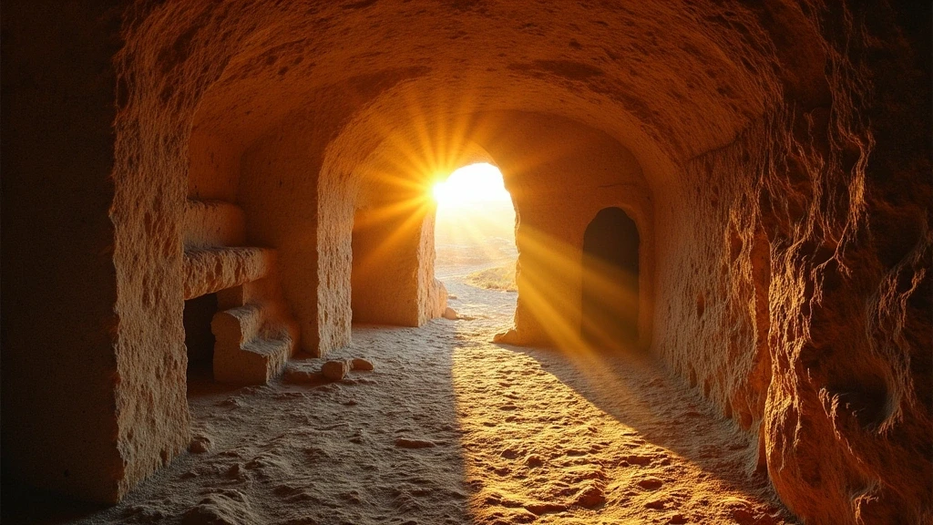 Sonnenuntergang in den Katakomben von Panfilo mit goldenem Licht auf antiken Fresken