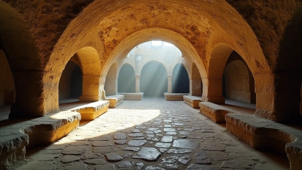 Panoramablick in unterirdische Kammer der Katakomben von Panfilo mit Gewoelbegaengen