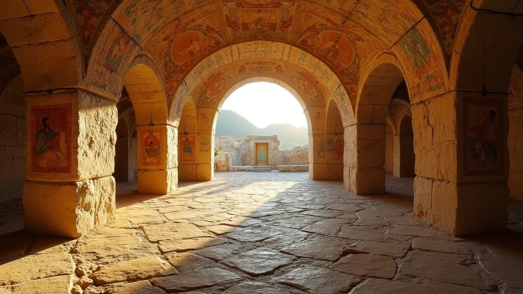 Panoramablick auf unterirdische Kammern in Katakomben von Priscilla mit fruehchristlicher Kunst
