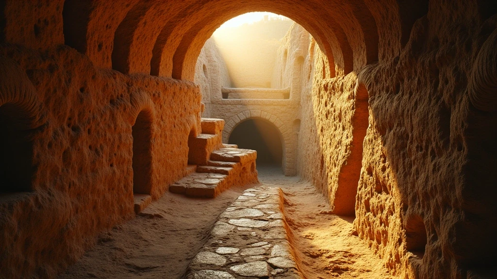 Luftaufnahme der antiken Katakomben von San Sebastiano in Italien mit labyrinthartigen Gängen zur goldenen Stunde