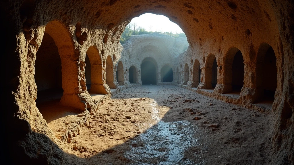 Panoramablick auf die unterirdischen Kammern der Katakomben von San Sebastiano in Italien