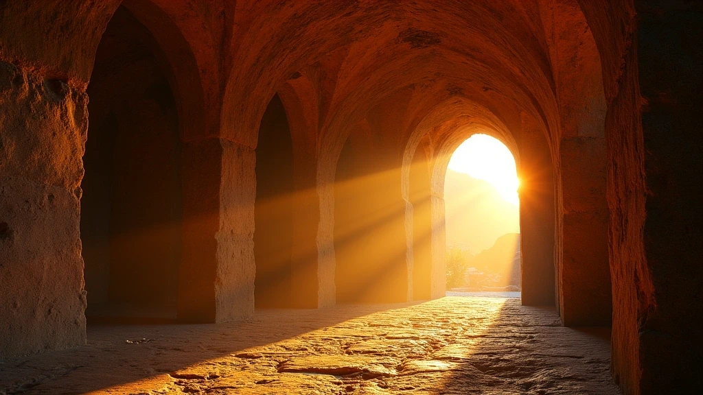 Sonnenuntergang ueber den Katakomben von San Sebastiano in Italien mit goldenem Licht durch antike Boegen