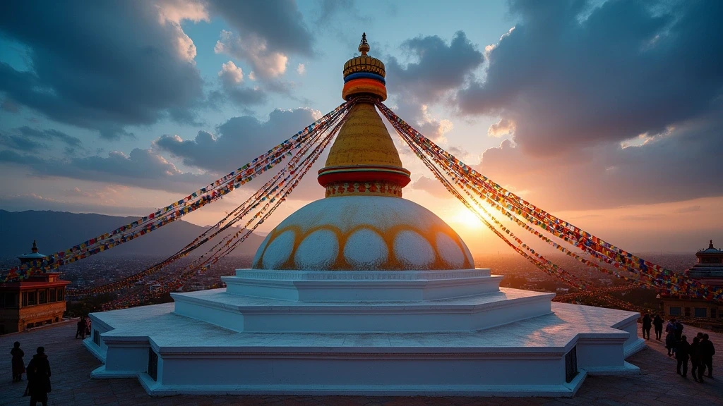 Boudhanath-Stupa bei goldener Stunde mit Gebetsfahnen in Kathmandu