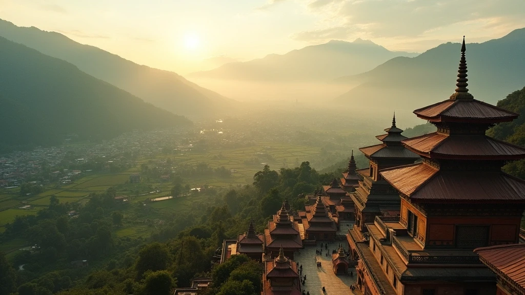 Luftaufnahme des Kathmandu-Tals mit Himalaya-Auslaeufern und Pagoden-Tempeln zur goldenen Stunde