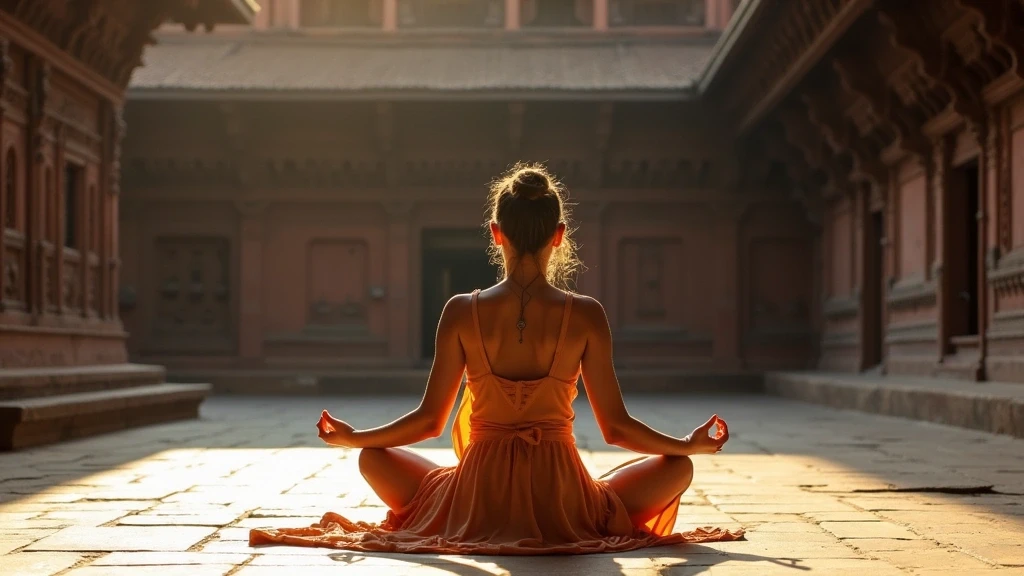 Elegante Reisende meditiert im Patan Durbar Square in Kathmandu bei goldener Stunde