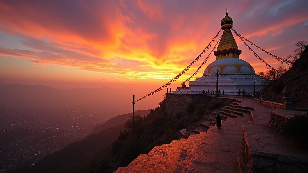 Swayambhunath-Stupa bei Sonnenuntergang in Kathmandu mit Panorama-Blick