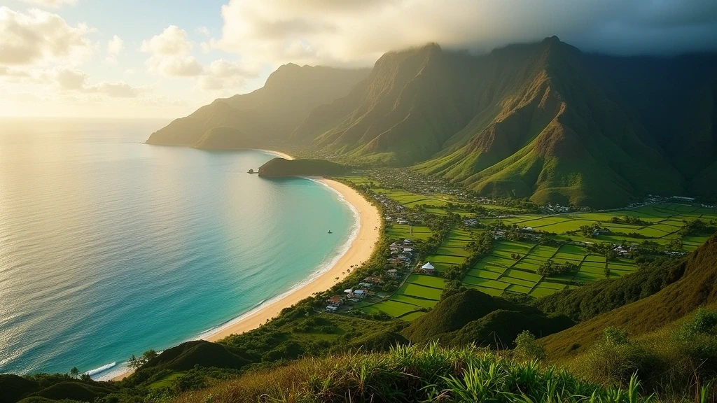 Panoramablick auf die Hanalei Bucht auf Kauai mit Reisfeldern und Bergen im Morgenlicht