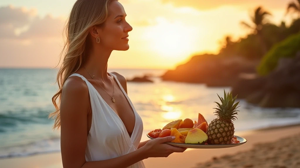 Elegante Frau geniesst tropische Fruechte am Strand von Kauai zur goldenen Stunde
