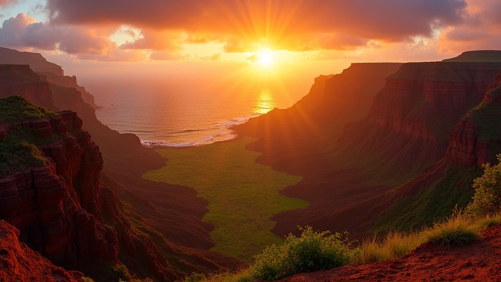 Sonnenuntergang ueber dem Waimea Canyon auf Kauai mit vulkanischen Gesteinsschichten