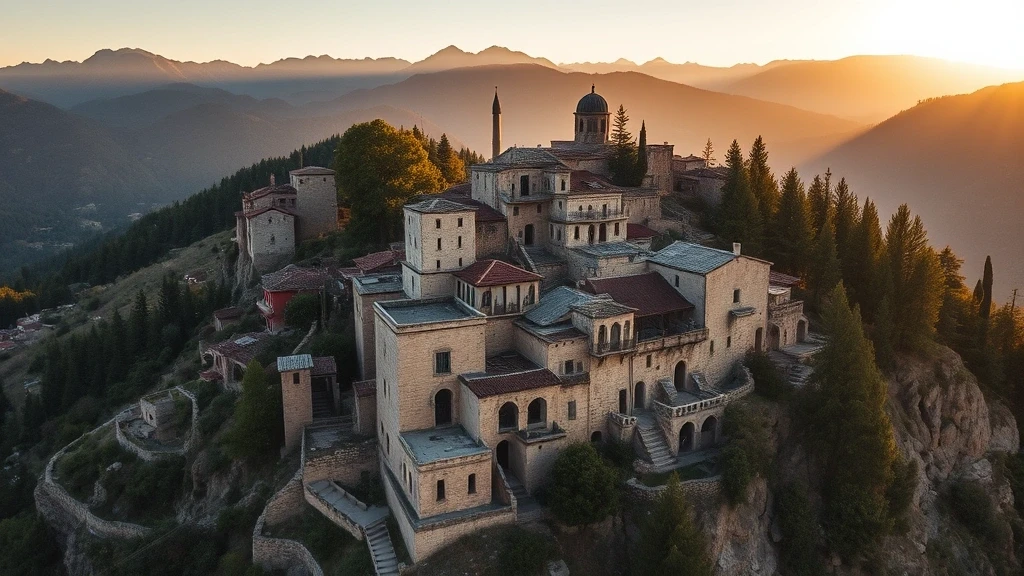 Luftaufnahme der verlassenen Steinhäuser von Kayaköy in der Türkei zur goldenen Stunde