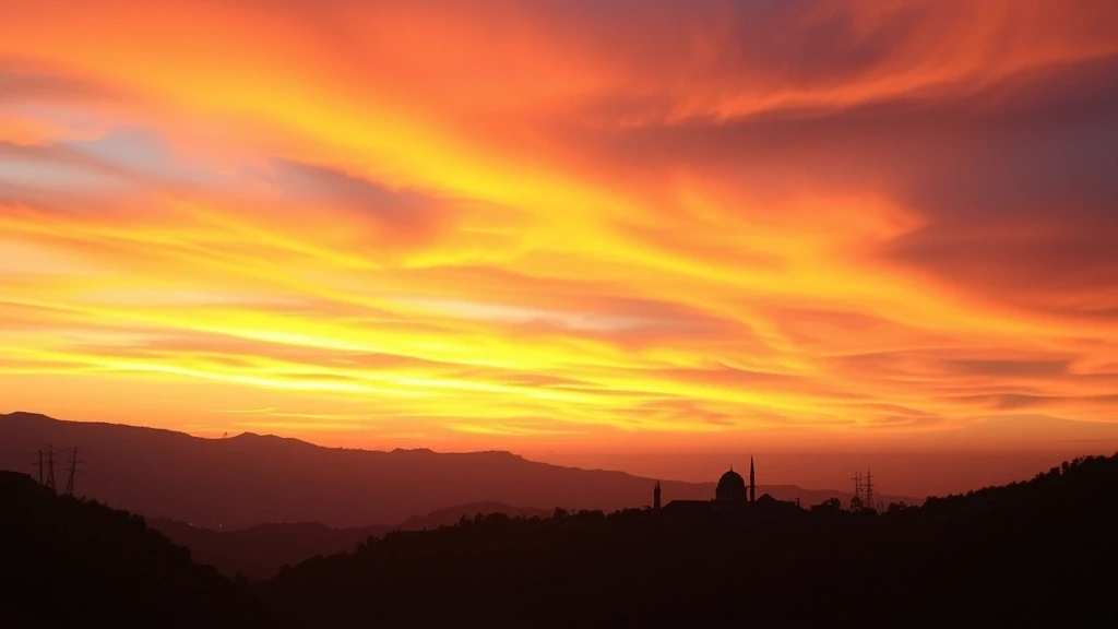 Sonnenuntergang über dem verlassenen Dorf Kayaköy in der Türkei mit dramatischem Himmel