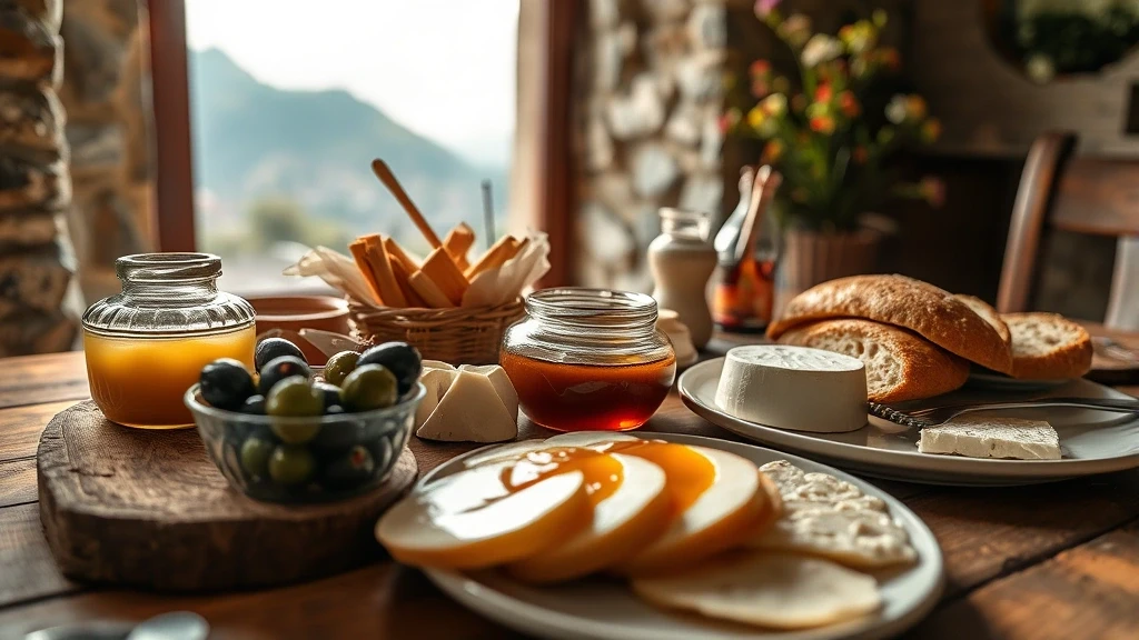 Traditionelles türkisches Frühstück in Kayaköy mit Bergblick durch Fenster
