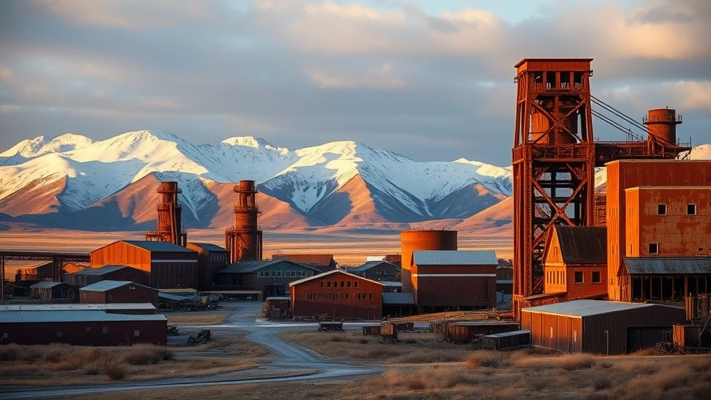 Panoramablick auf die Geisterstadt Kennecott vor der Kulisse der Wrangell Mountains