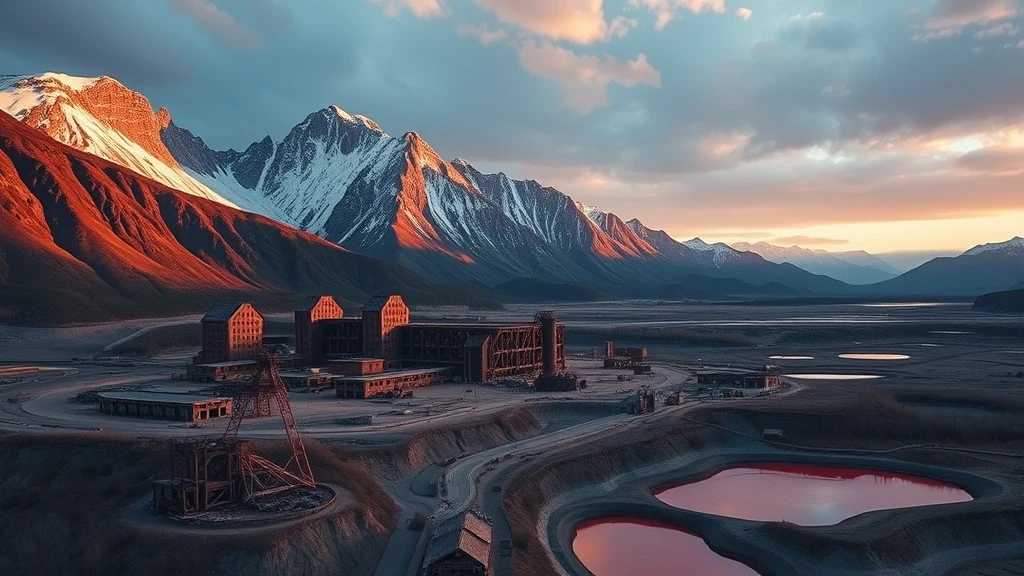 Dramatische Luftaufnahme der verlassenen Kennecott Kupfermine in Alaska zur goldenen Stunde