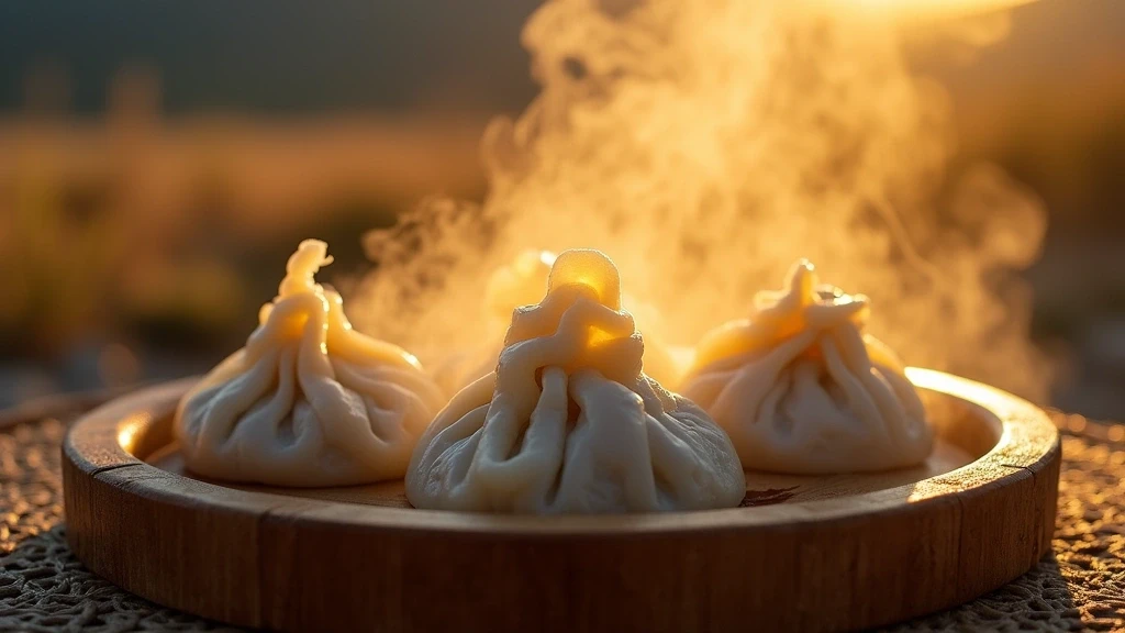 Traditionelle mongolische Buuz-Dumplings auf Holzplatte im Khentii-Gebirge, Mongolei