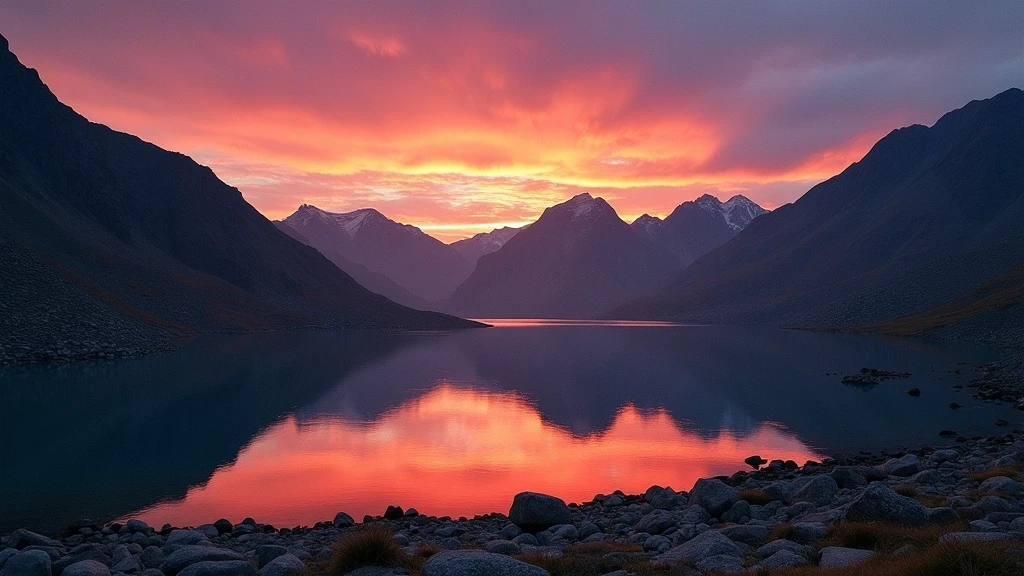 Sonnenuntergang ueber den Bergen des Khentii-Gebirges mit alpinen Seen in der Mongolei