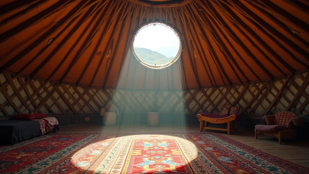 Traditionelle mongolische Jurte am Khövsgöl-See mit Holzgitter und handgewebten Textilien im Innenraum