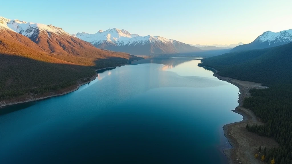 Luftaufnahme des Khövsgöl-Sees in der Mongolei mit tiefblauem Wasser, schneebedeckten Bergen und Taiga-Waeldern zur goldenen Stunde
