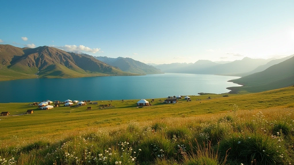 Panoramablick auf den Khövsgöl-See in der Mongolei mit blauem Wasser, Wiesen und Bergen im Hintergrund