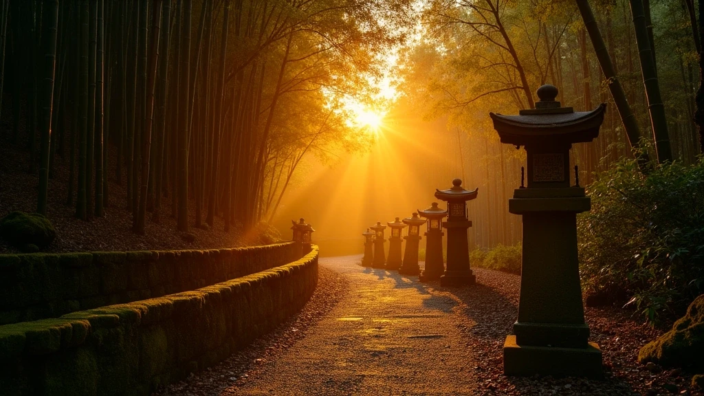 Sonnenuntergang im Bambushain von Kibune mit Steinlaternen und goldenem Licht in Japan