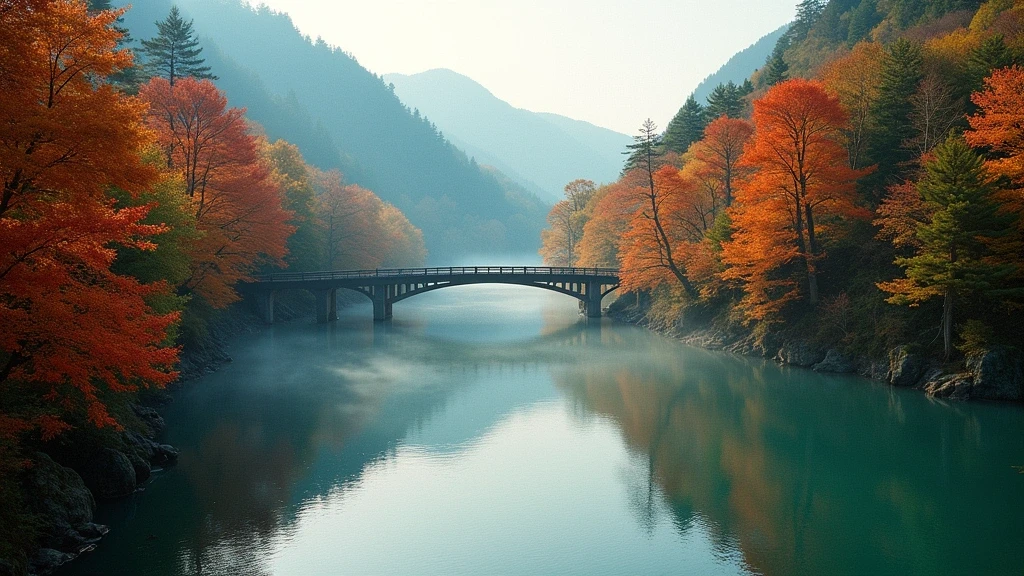 Panoramablick auf den Kibune-Fluss im Herbstwald mit Nebel bei Sonnenaufgang in Japan
