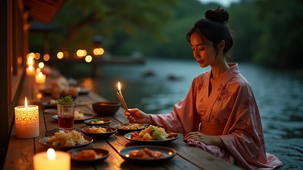 Elegante Frau im Kimono beim Kawadoko-Essen ueber dem Kibune-Fluss in Japan