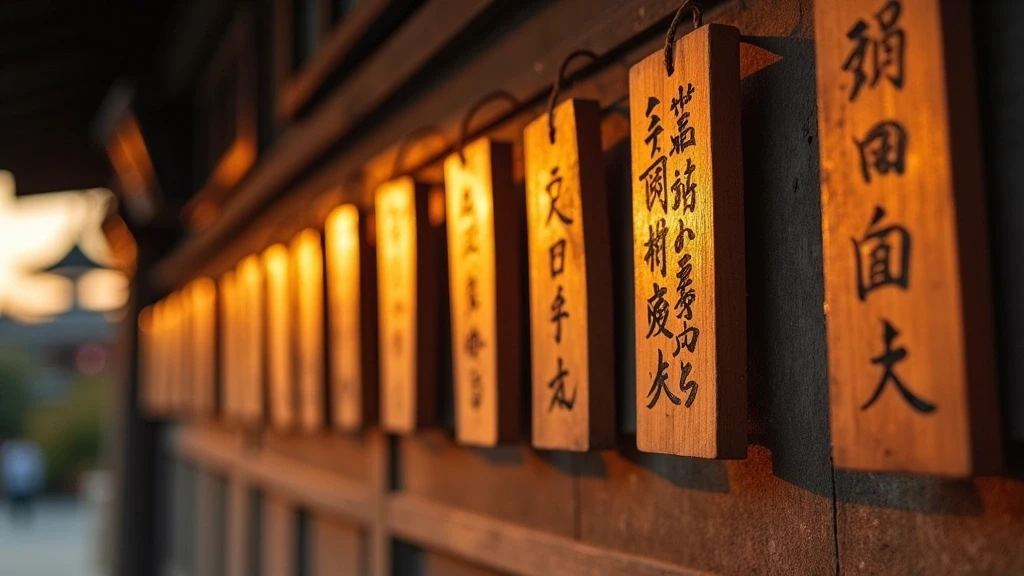 Detailaufnahme alter Holz-Gebetstafeln am Kibune-Schrein bei Sonnenuntergang in Japan