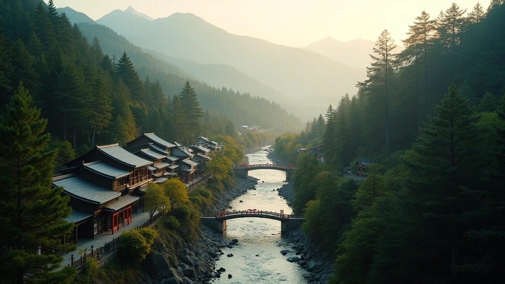 Luftaufnahme des Kibune-Schreins mit Torii-Toren entlang des Flusstals in Japan zur goldenen Stunde