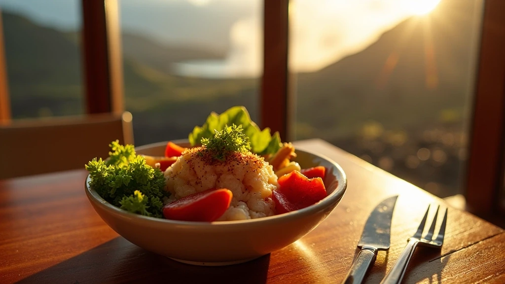 Hawaiische Poke Bowl auf Koa-Holztisch mit Vulkanaussicht bei goldener Stunde