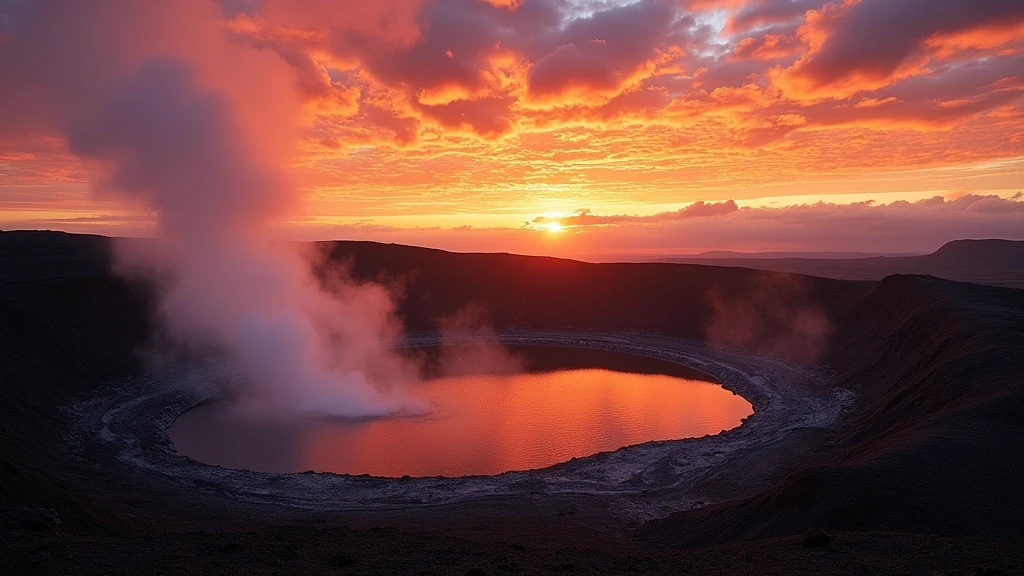 Sonnenuntergang über dem Kilauea Iki Krater mit Dampffahnen und Lavasee-Spiegelung
