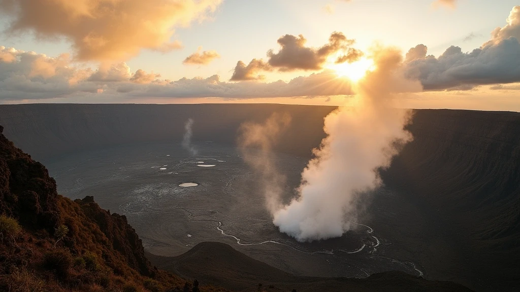 Panoramablick vom Volcano House auf den Kilauea-Krater mit Dampfquellen und Regenwald