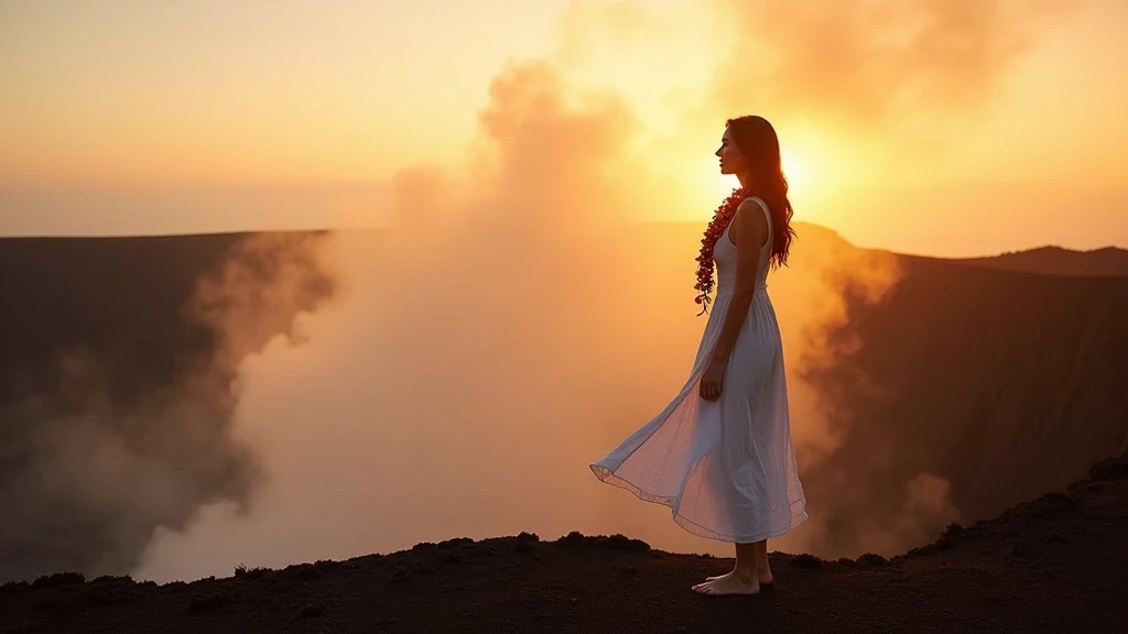 Elegante Reisende am Kilauea-Kraterrand bei Sonnenuntergang mit hawaiischem Lei