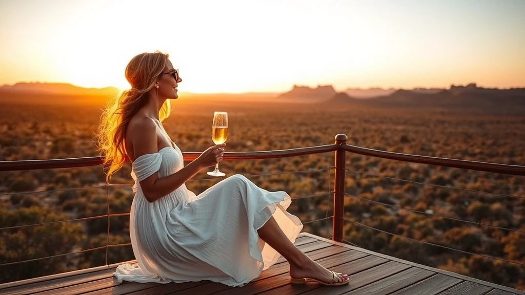 Elegante Reisende geniesst Sonnenuntergang auf Lodge-Terrasse im Kimberley Explorer