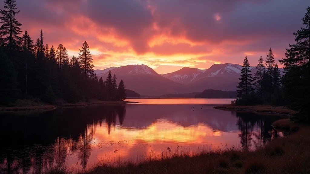 Sonnenuntergang ueber den Cairngorms mit Spiegelung im Loch Gynack in Kingussie