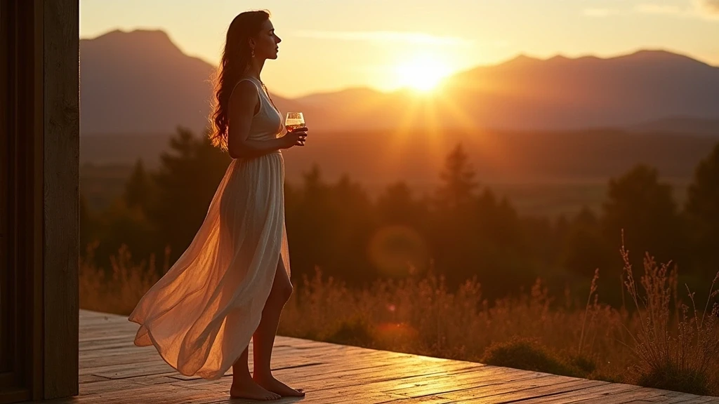 Elegante Frau geniesst Whisky auf Lodge-Terrasse mit Blick auf Cairngorms in Kingussie