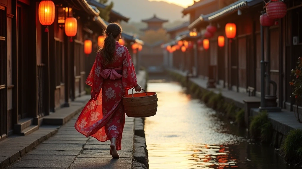 Elegante Frau in Kimono am historischen Kanal von Kinosaki bei Dämmerung mit Laternenlicht