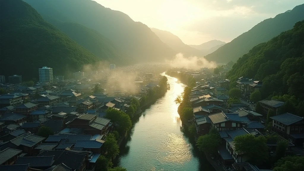 Luftaufnahme des Maruyama-Flusses in Kinosaki zur goldenen Stunde mit traditionellen Ryokan-Dächern
